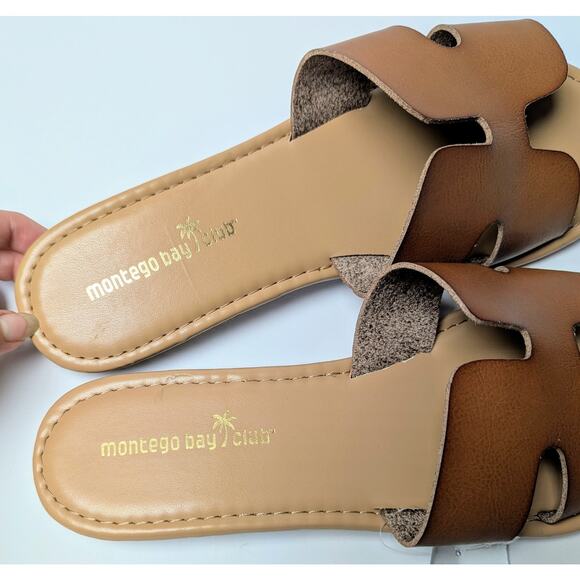 Montego Bay Club Cognac Sandals WOMENS 11 Vegan Leather Slip On Slides Cruise - Picture 4 of 8